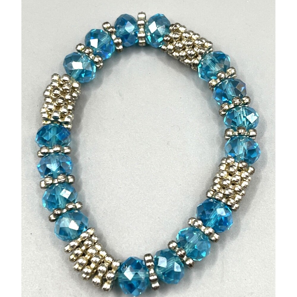 Blue Faceted Beaded Stretch Bracelet Silver Tone Accents Statement Jewelry